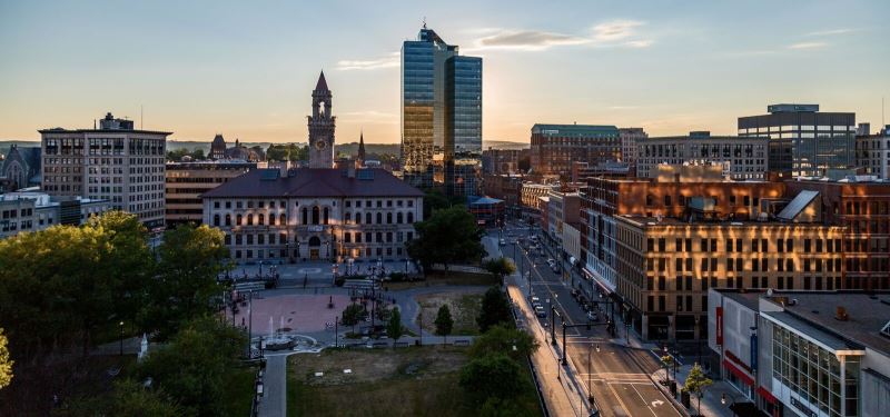 Aerial View of Downtown Worcester at Dusk